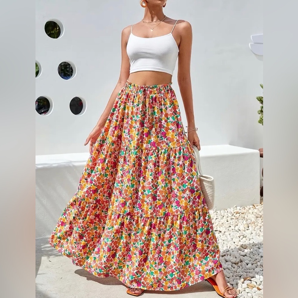 Bohemian Floral Tiered Maxi Skirt Size L NWT Cottagecore Colorful - Picture 4 of 7